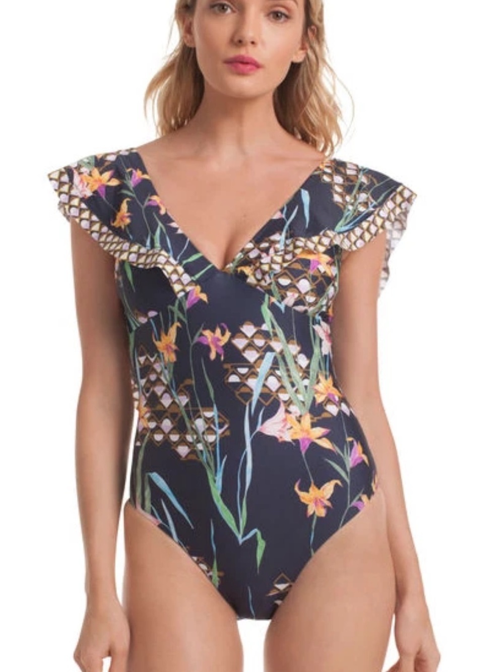 Trina Turk Navy Blue Fiji Floral Ruffle One Piece Swimsuit Women's Size 10